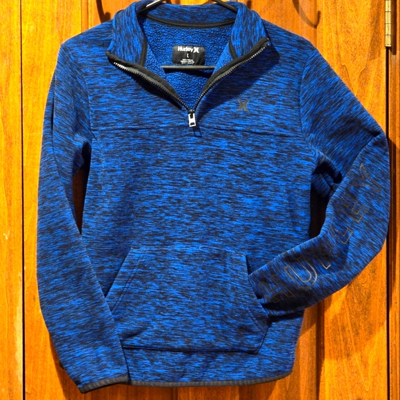 Hurley: Heather Blue/Black 1/4 Zip Pullover Fleece, Kangaroo Pocket Boys: Large - Picture 1 of 10